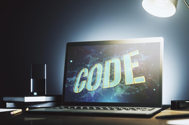 creative code word sign on modern computer monitor international software development concept 3d rendering
