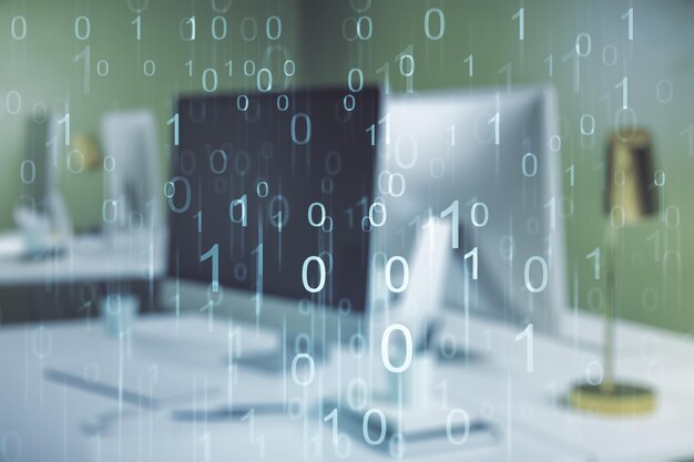 Creative concept of binary code illustration on modern laptop background Big data and coding concept Multiexposure