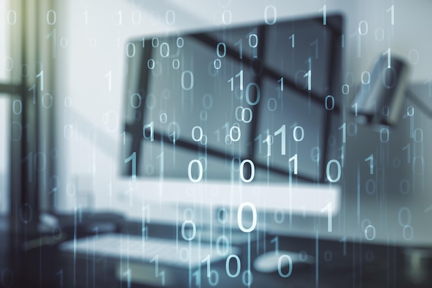 Creative concept of binary code illustration on modern laptop background Big data and coding concept Multiexposure