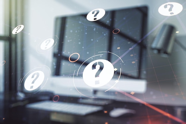 Creative concept of question mark illustration on modern laptop background FAQ and search concept Multiexposure