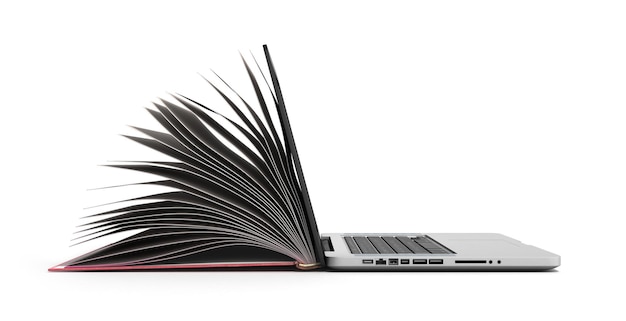 Creative Elearning Concept Book e Laptop 3d rendering su bianco