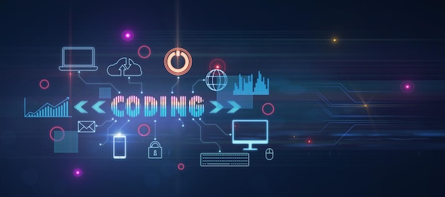 creative glowing wide coding hologram on blue background technology and innovation concept 3d rendering