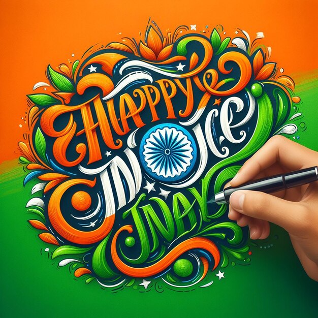 Creative Hand Lettering Text Happy Independence Day Indi o Calligrafia su un bellissimo Tri Color