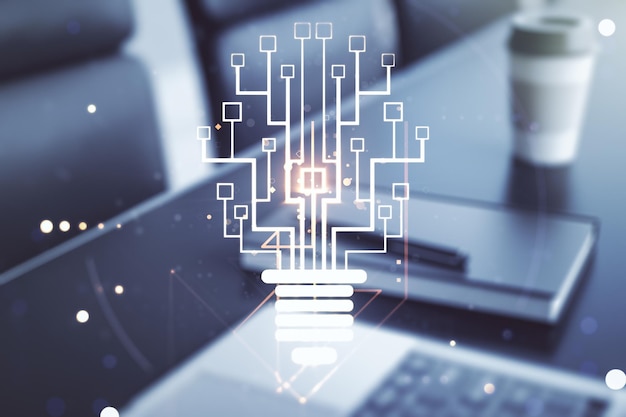 Creative idea concept with light bulb and microcircuit illustration on modern laptop background Neural networks and machine learning concept Multiexposure