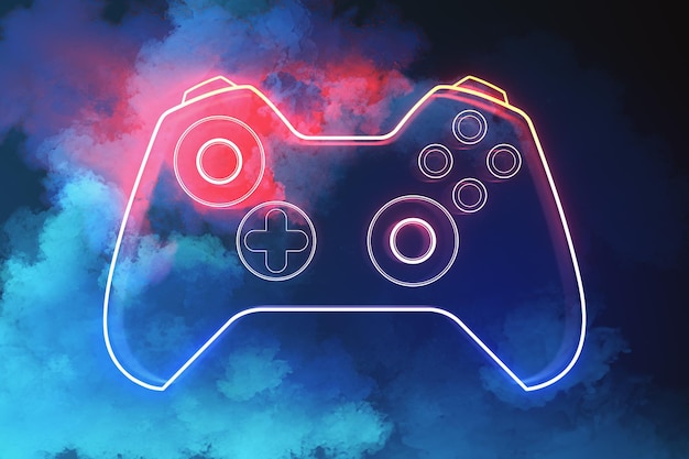 Creative joystick or gamepad hologram on blurry blue smoke background Esport gaming and fun concept 3D Rendering
