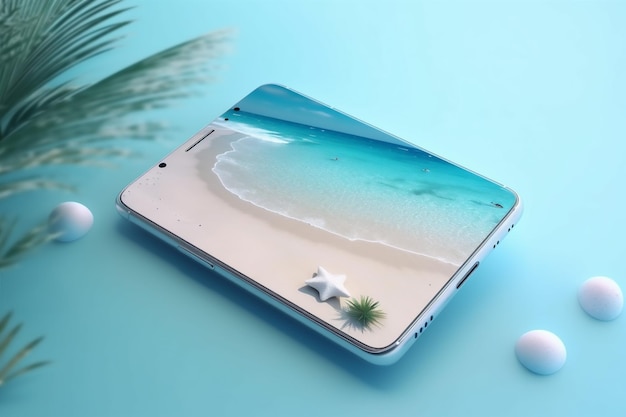 Creative palm phone mock up vacanza mare sabbia estate concetto cyber IA generativa