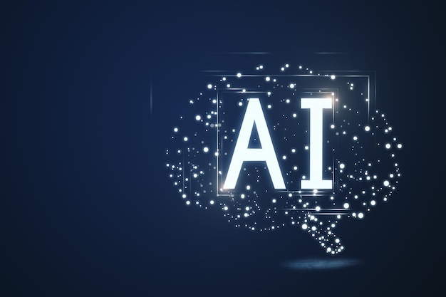 Creative polygonal brain on blue background with copyspace Artificial intelligence and science concept 3D Rendering