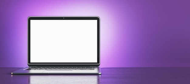 Creative purple designer workplace with blank white mock up laptop display 3D Rendering
