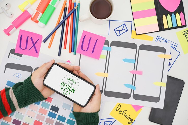 Photo creative top view photo of ux ui designer working space with mobile white screen mockup white screen for graphic montage