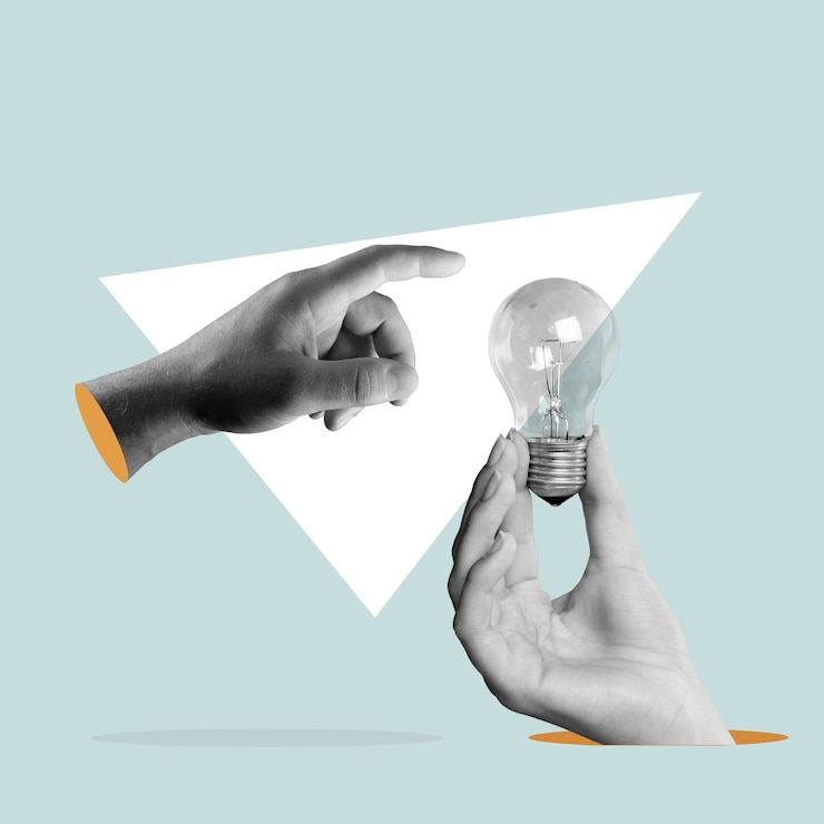 Photo creativity concept business hands hold a lamp