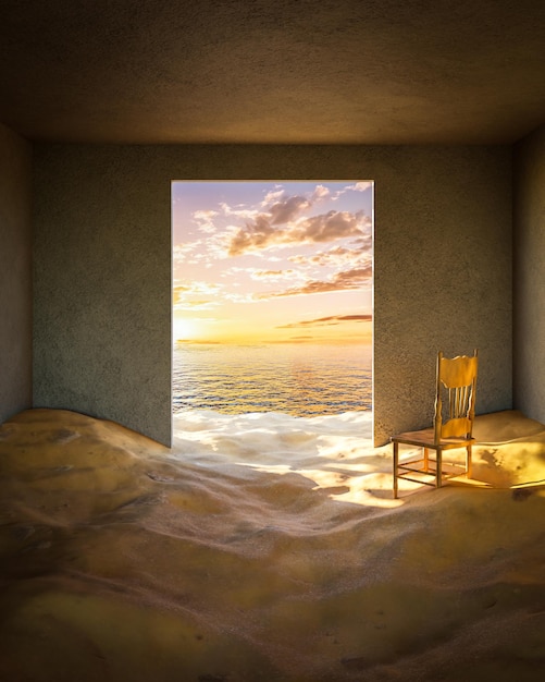 Creativo una sedia e la vista del tramonto della vecchia stanza vuota si riempiono di sabbia