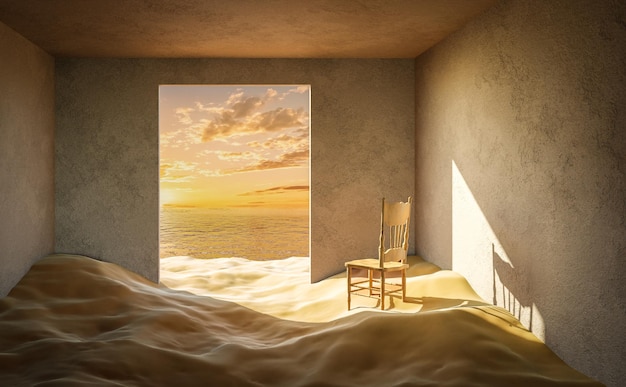 Creativo una sedia e la vista del tramonto della vecchia stanza vuota si riempiono di sabbia