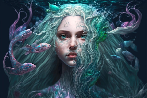 Creatura fantasy ragazza con i capelli lunghi trasformata in sirena in acqua