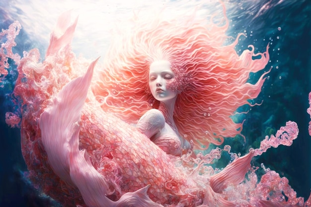 Creatura magica dai racconti bella sirena in acqua di mare rosata