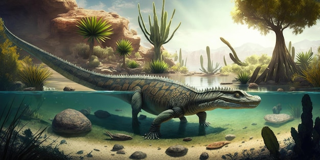 Creatura preistorica o dinosauro nella natura selvaggia Disegno in stile realistico