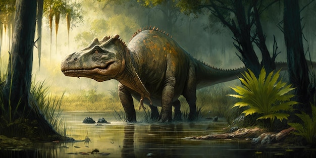 Creatura preistorica o dinosauro nella natura selvaggia Disegno in stile realistico