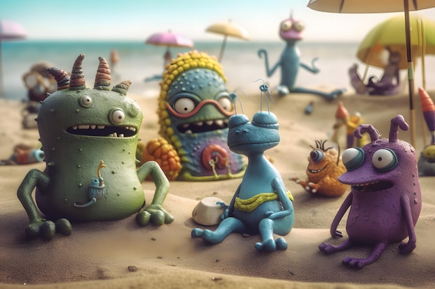 Creature aliene che si godono una giornata in spiaggia Creature aliene bizzarre e fantasiose si stanno impegnando in varie attività in spiaggia Generative Ai