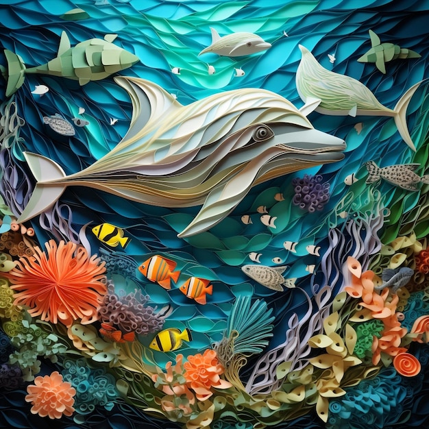 Creature del mare di origami nella scena vibrante dell'oceano