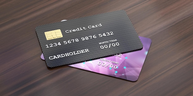 credit cards on wood e commerce banking concept 3d illustration