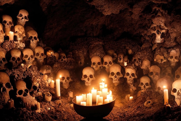 Creepy antica grotta con candele accese e teschi Una vecchia grotta abbandonata con le ossa