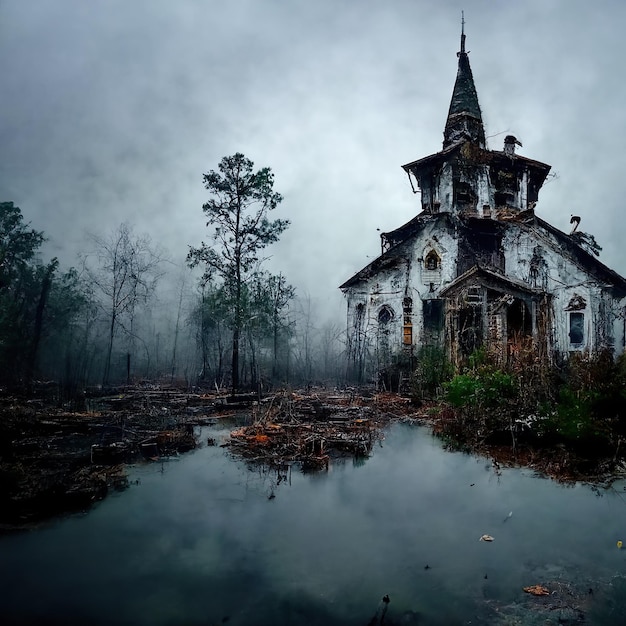 Creepy fantasma piccola città palude alberi isolati nebbioso halloween casa abbandonata chiesa