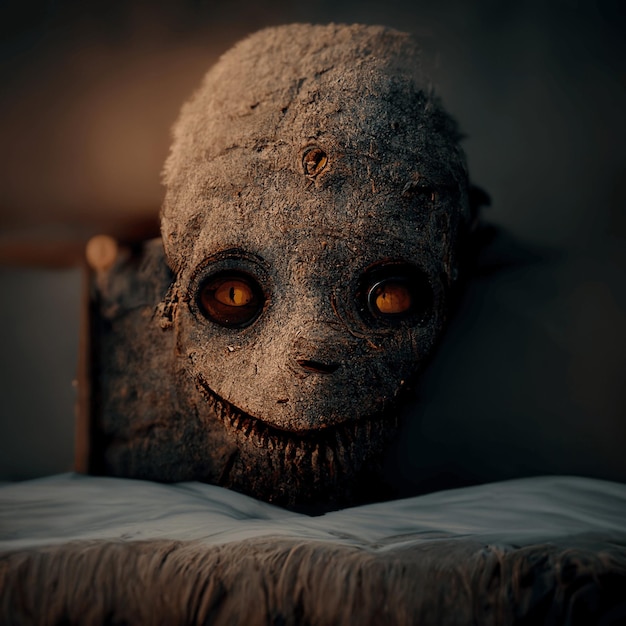 Creepy soffice mostro faccia sorridente e sdraiato sul letto guardando la telecamera