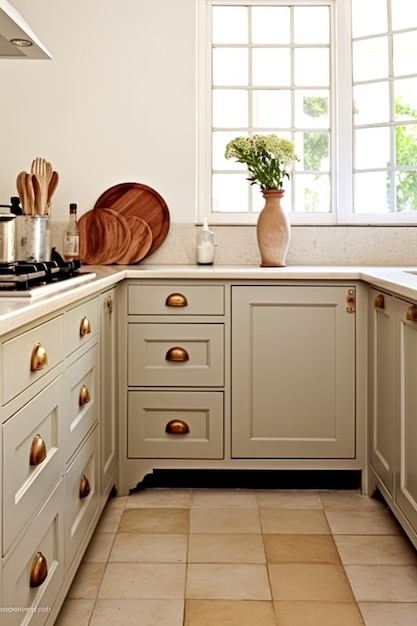 Crema bianca cottage decorazione della cucina interior design e miglioramento della casa inglese in cabinetti da cucina a cornice in una casa di campagna motivo elegante in stile campestre