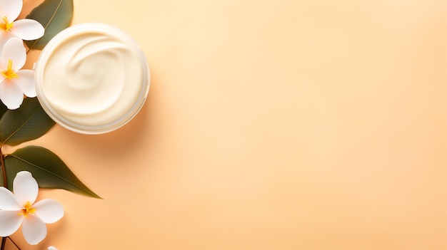 Crema cosmetica con foglia di palma su sfondo beige IA generativa