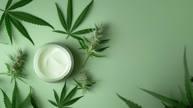 Crema cosmetica con foglie di marijuana su uno sfondo verde con spazio per il testo