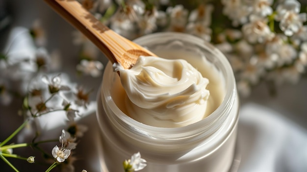 Crema cosmetica in un barattolo di vetro e una spatola di legno su uno sfondo di fiori selvatici Eco concept