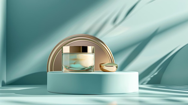 Crema cosmetica in un barattolo di vetro su sfondo blu Concetto di cura della pelle Sottofondo per prodotti di bellezza