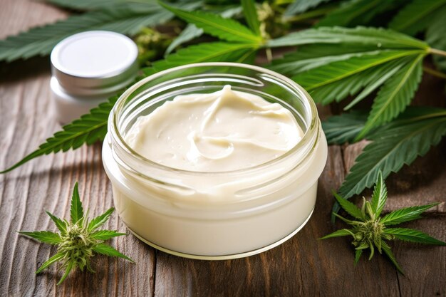 Crema di canapa medicinale con foglie di canapa verdi