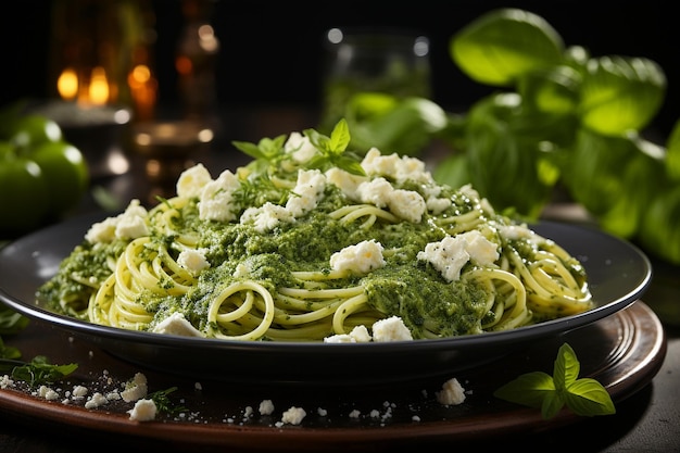 Crema di formaggio di capra e spaghetti di spinaci