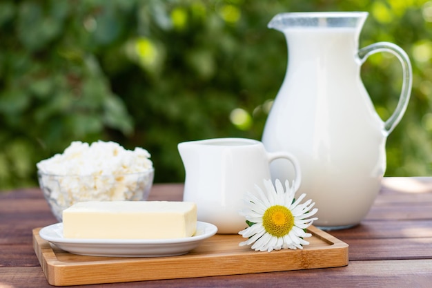 Crema di ricotta al burro e latte sul tavolo Vari prodotti lattiero-caseari su uno sfondo di fogliame lussureggiante