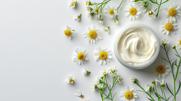 Crema fatta di fiori di camomilla su uno sfondo bianco con fiori e spazio AI generativa