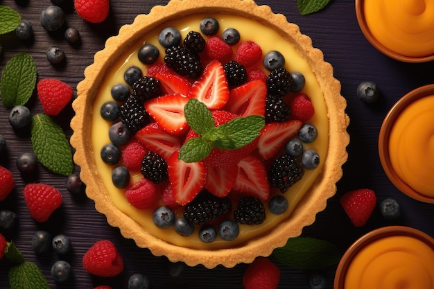 crema pasticcera crostata di frutta piatto lay pubblicità professionale cibo fotografia AI Generato