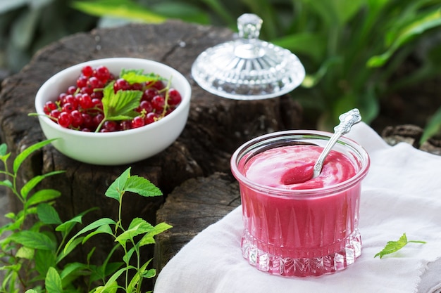 Crema pasticcera di ribes rosso e bacche di ribes su vecchi ceppi in giardino.