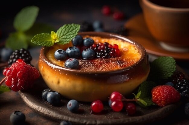 Creme brulée in forma di argilla decorata con frutti di bosco freschi AI generativa