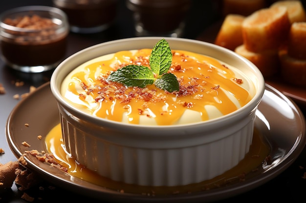 Creme brulée, tradizionale dessert francese alla crema alla vaniglia con zucchero caramellato sulla parte superiore, foto realistica con risoluzione 4K generata dall'AI