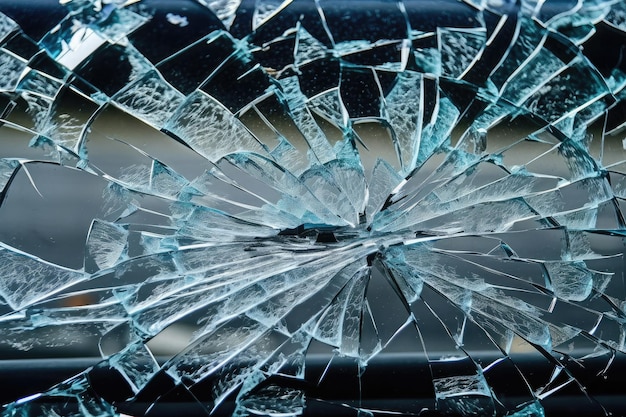 Crepa sul vetro con primo piano di pezzi rotti e detriti