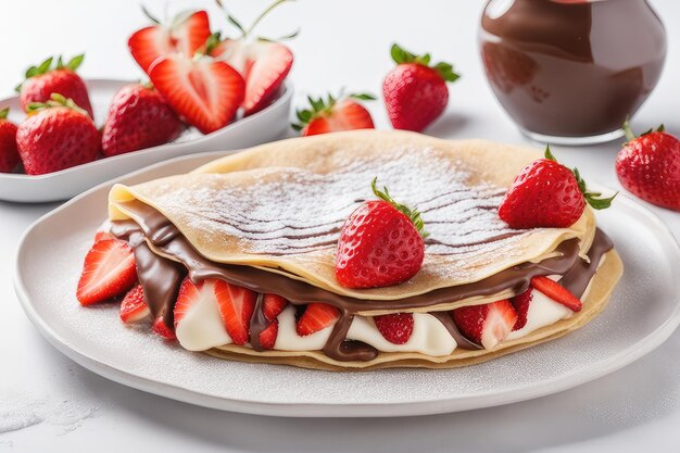 Crepe alla fragola, salsa al cioccolato e zucchero in polvere