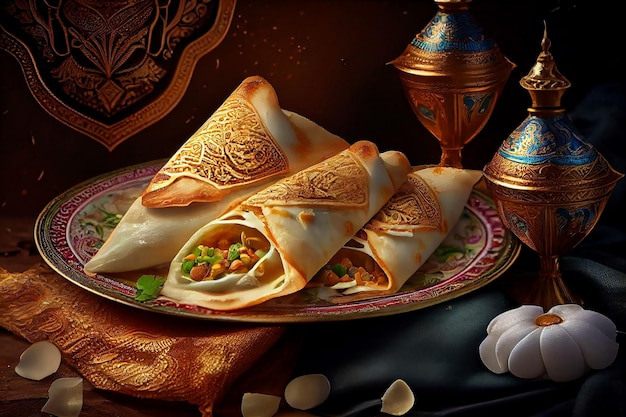 Crepes kataif tradizionali arabe ripiene di crema e pistacchi preparate per l'iftar in Ramadan Generative ai