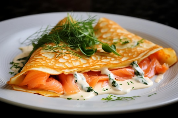 Crêpes triangolari francesi con salmone ed erbe vegetali su un piatto