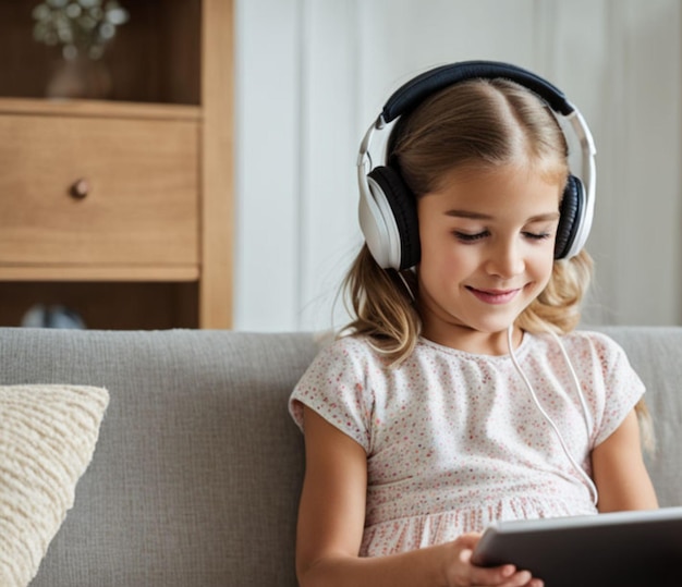 Crescere in un mondo connesso una ragazzina che usa un tablet digitale con le cuffie a casa