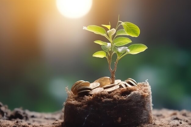 Crescita aziendale con un albero in crescita su una moneta Mostrando gli sviluppi finanziari Pianificazione finanziaria