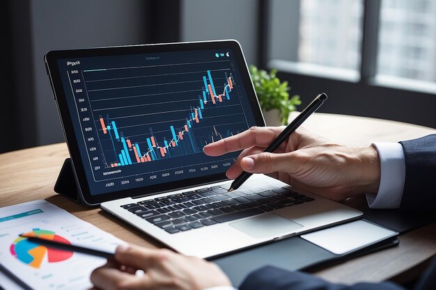 Crescita commerciale calda Imprenditore che utilizza un tablet per analizzare i dati delle vendite e il grafico della crescita economica