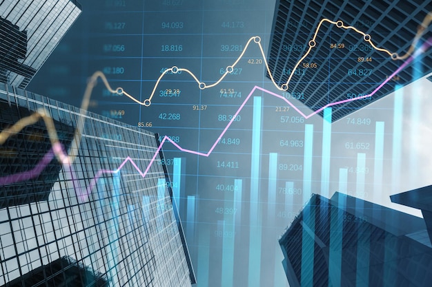 Crescita del prezzo della proprietà e del concetto immobiliare con dati statistici grafici digitali e diagramma di aumento sul grattacielo della città in cima al fondo vista dal basso doppia esposizione