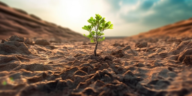 Crescita dell'albero sulla terra incrinata Pianta in terreno arido per proteggere il riscaldamento globale e il cambiamento climatico Generat