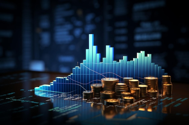 Crescita dell'economia rappresentata da un grafico finanziario 3D con sfondo blu del denaro