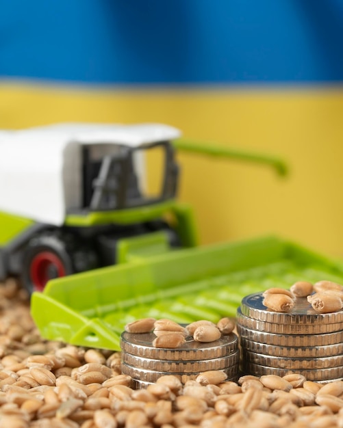 Crescita di denaro sotto forma di una pila di monete sullo sfondo della bandiera ucraina e del grano Prezzo del grano Riserve di grano in tutto il mondo Crisi alimentare Soluzione logistica di esportazione